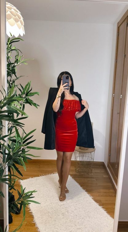 VESTIDO VOLANTE LENTEJUELAS ROJO
